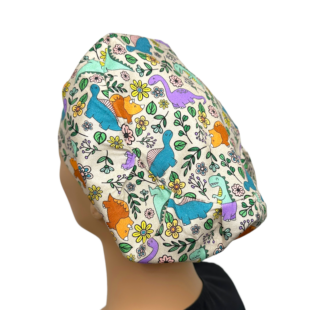 Dinosaur Floral Euro Scrub Cap for Women, by Sunshine Caps Co