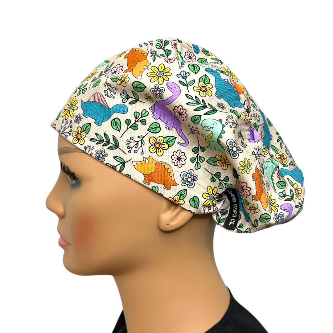 Dinosaur Floral Euro Scrub Cap for Women, by Sunshine Caps Co