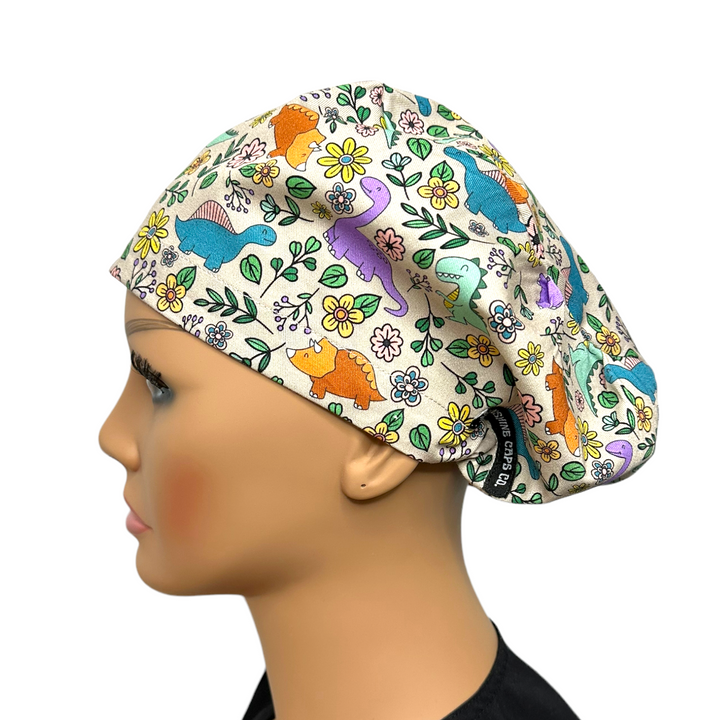 Dinosaur Floral Euro Scrub Cap for Women, by Sunshine Caps Co