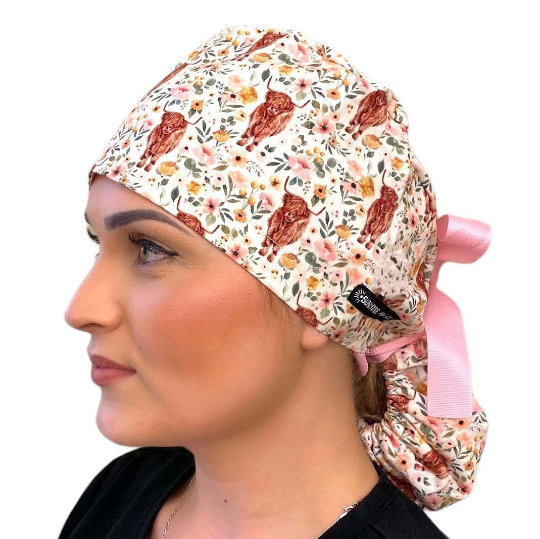 Highland cow Ponytail Scrub Cap for Women, By Sunshine Caps Co.
