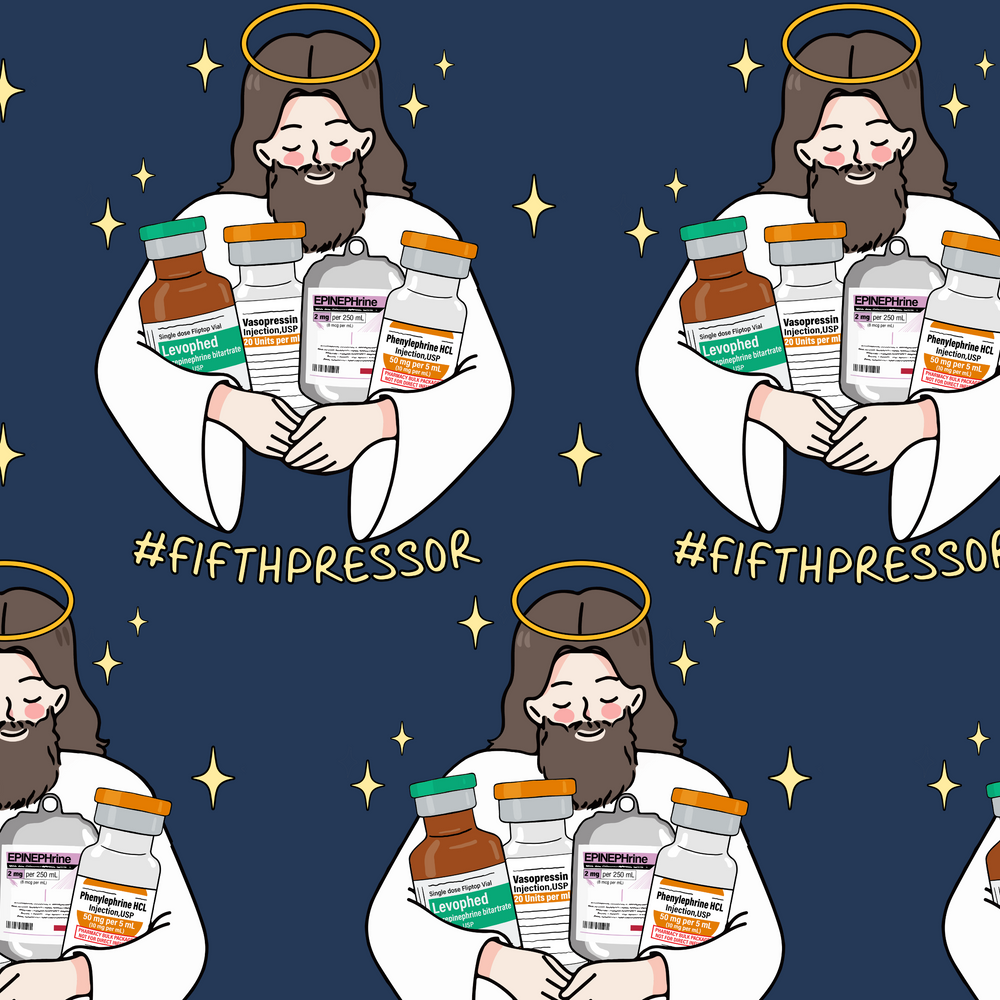 Illustration of a character holding pharmaceutical bottles with '#FifthPressor' text on a blue background.