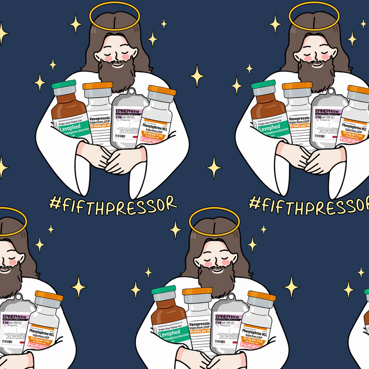 Illustration of a character holding pharmaceutical bottles with '#FifthPressor' text on a blue background.