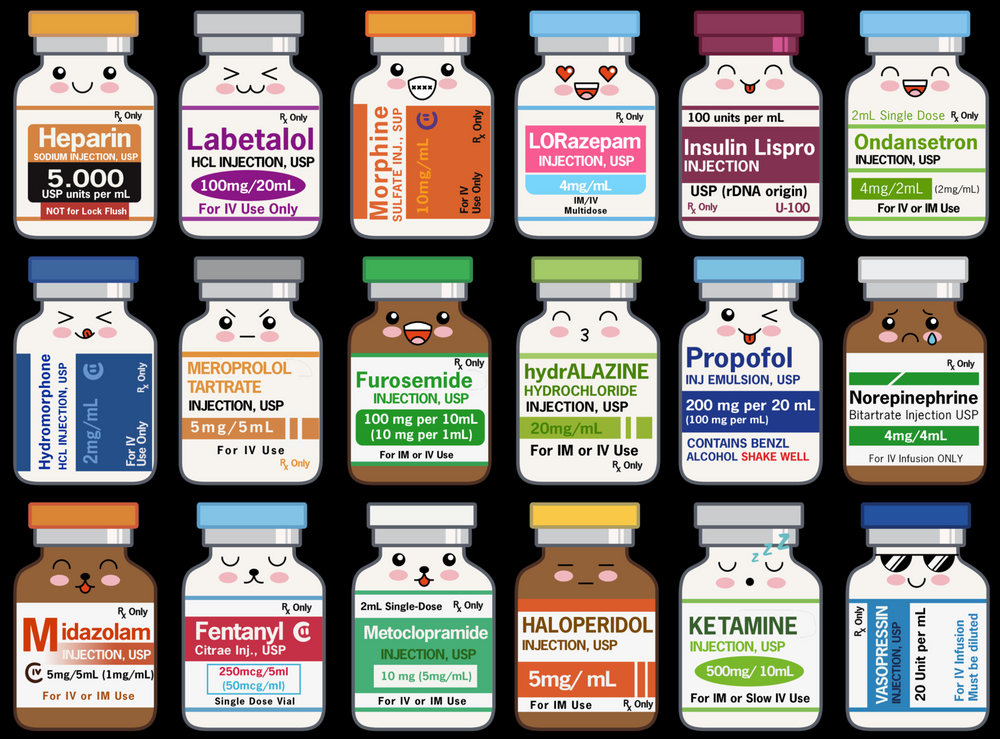 Illustrated medical bottles with cartoon faces on a black background