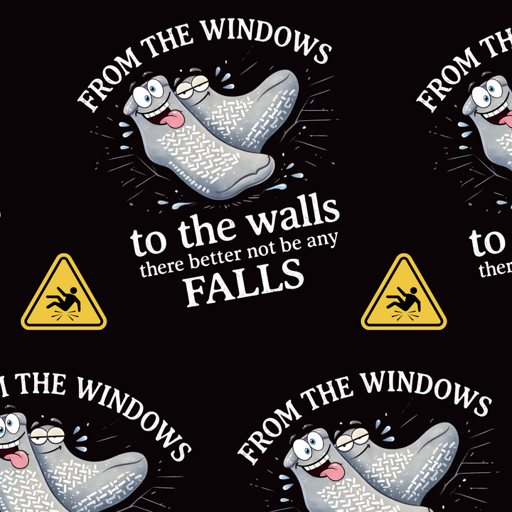 Pattern of cartoon sock characters with text and warning signs on a black background