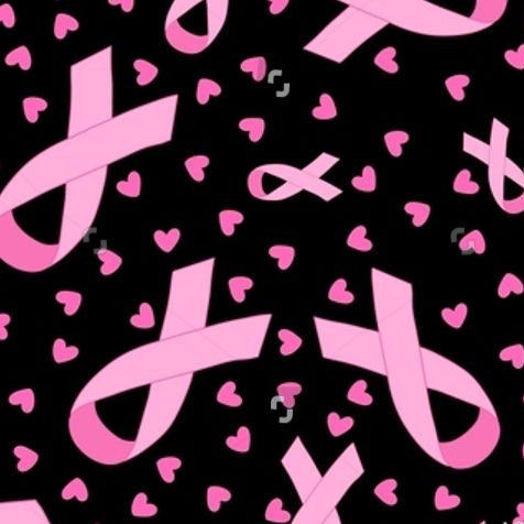 A repeating pattern of pink awareness ribbons and small pink hearts on a black background, with Shutterstock watermarks across the image.