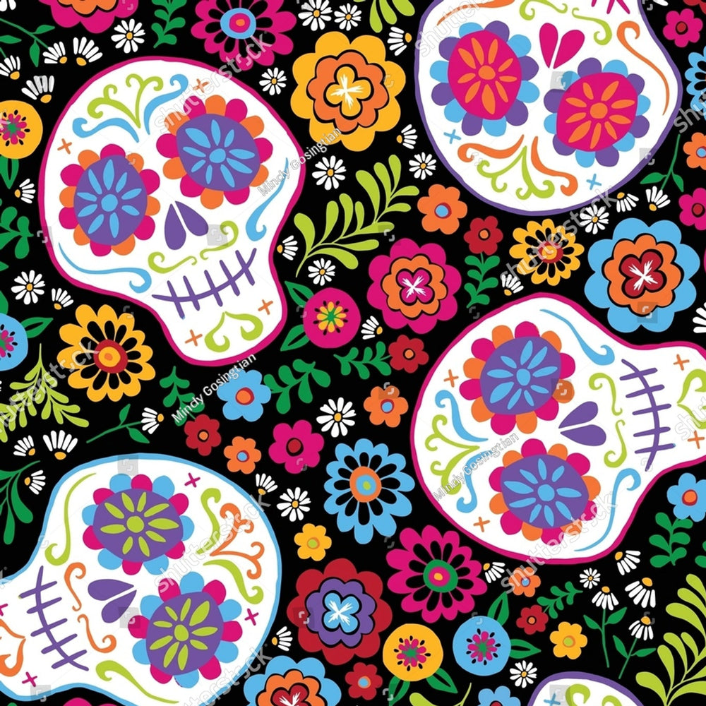 A vibrant, repeating Day of the Dead (Día de los Muertos) pattern featuring colorful sugar skulls and floral motifs on a black background. The design includes bright pink, blue, orange, yellow, green, and purple elements.