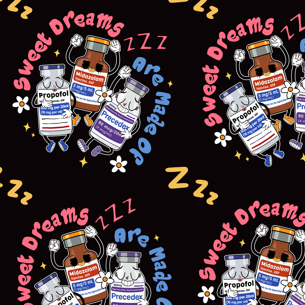 Pattern of cartoon medication bottles with text 'Sweet Dreams Are Made Of' on a black background.