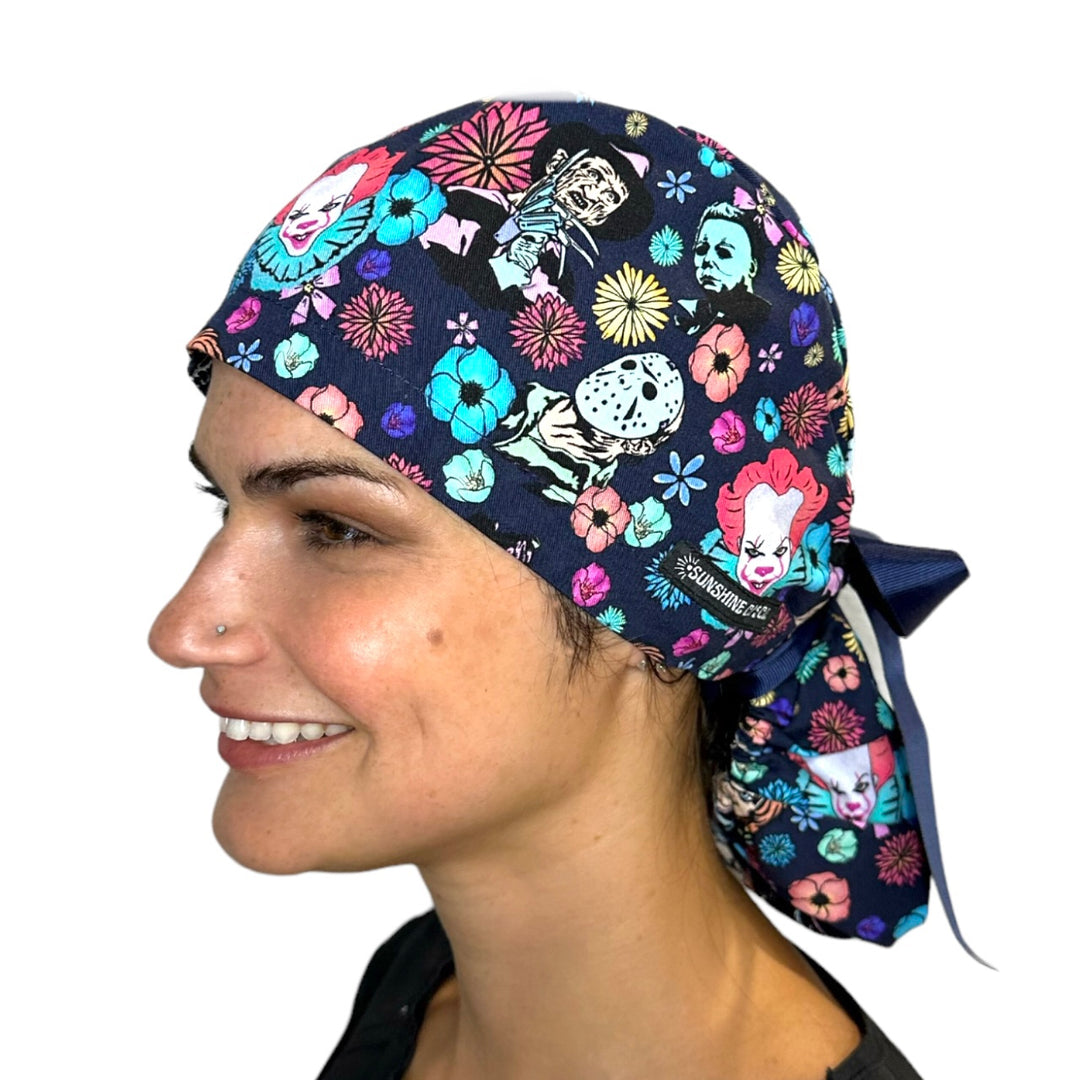 Horror Floral Halloween Ponytail Scrub Cap for Women, By Sunshine Caps Co.
