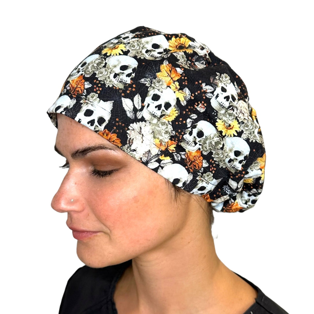 Autumn Skulls Halloween Euro Scrub Cap for Women, by Sunshine Caps Co