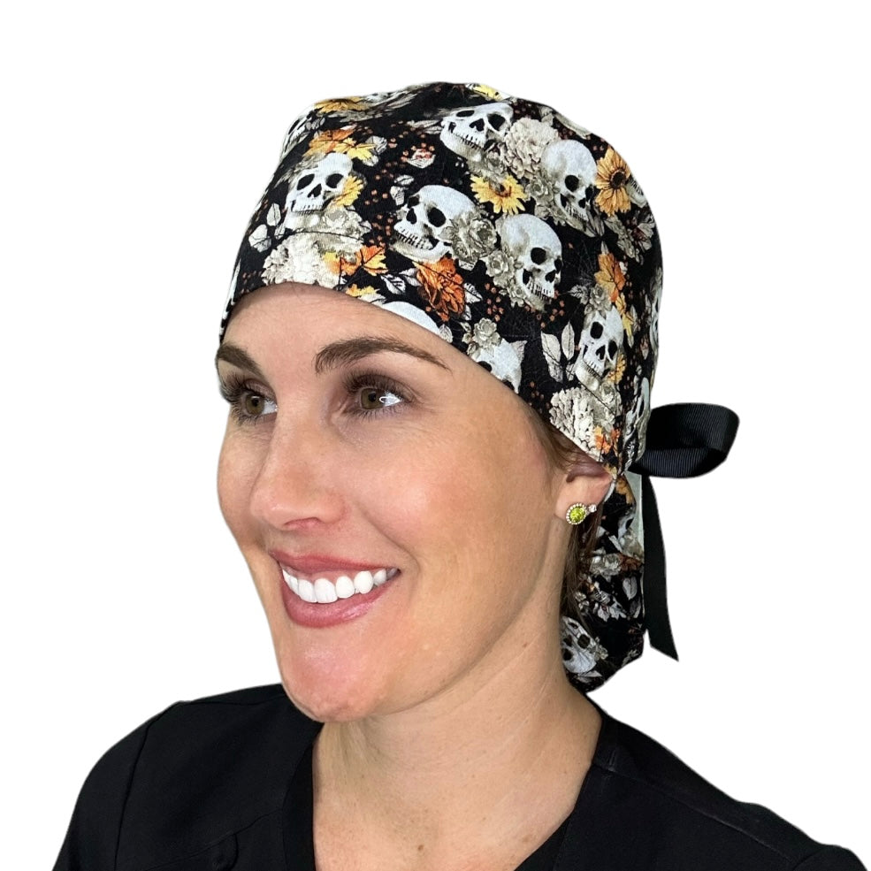 Autumn Skulls Halloween Ponytail Scrub Cap for Women, By Sunshine Caps Co.