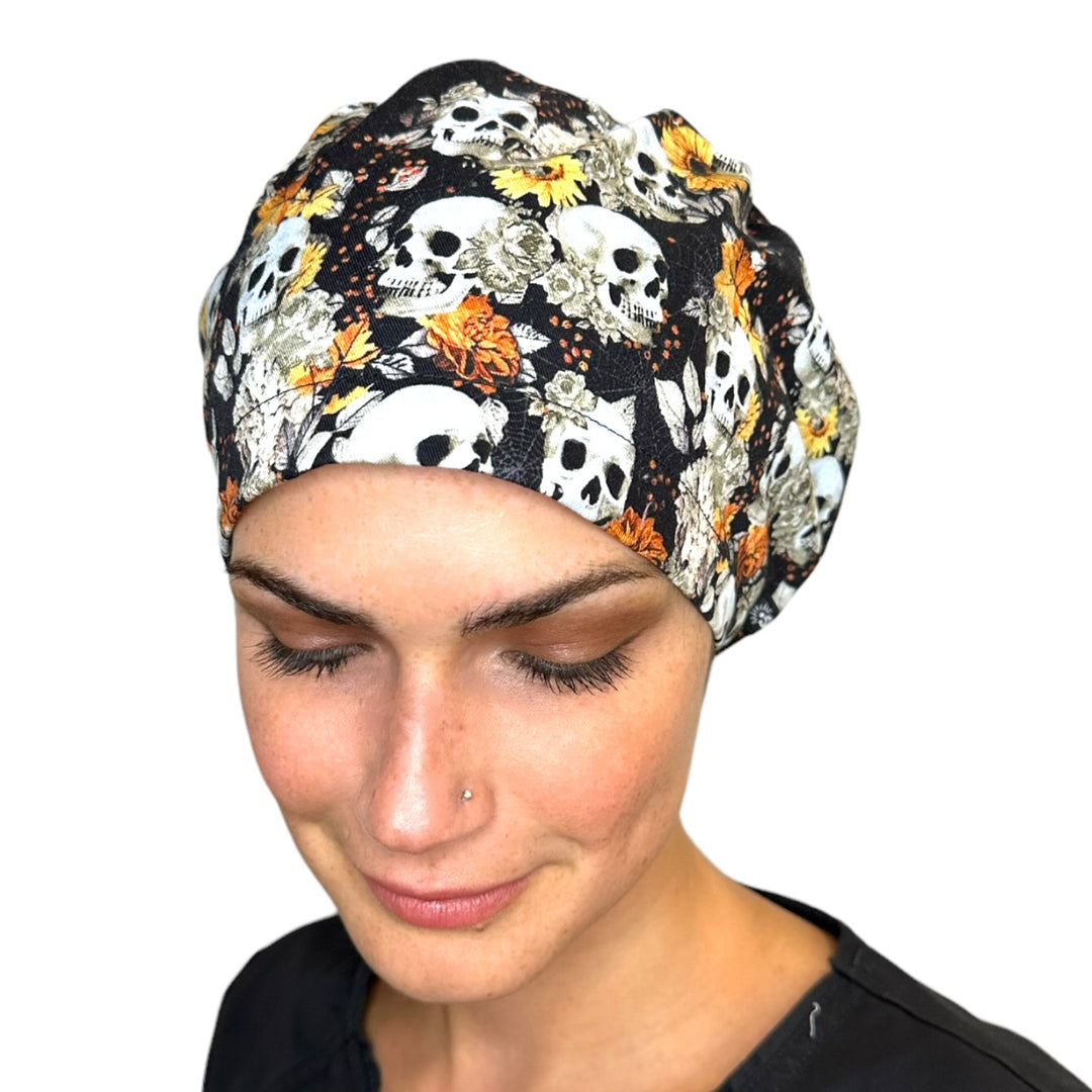 Autumn Skulls Halloween Euro Scrub Cap for Women, by Sunshine Caps Co