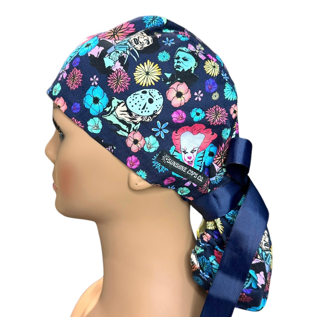 Horror Floral Halloween Ponytail Scrub Cap for Women, By Sunshine Caps Co.
