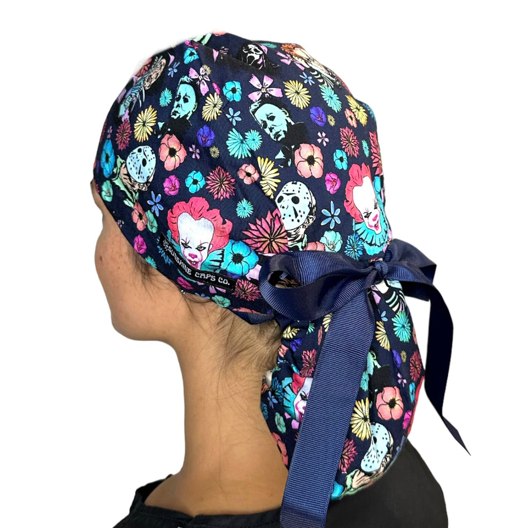Horror Floral Halloween Ponytail Scrub Cap for Women, By Sunshine Caps Co.