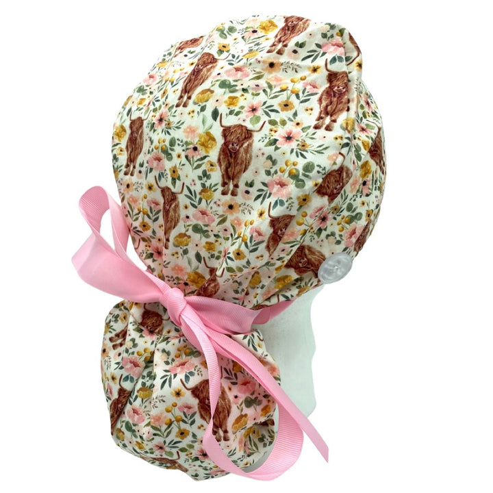 Highland cow Ponytail Scrub Cap for Women, By Sunshine Caps Co.