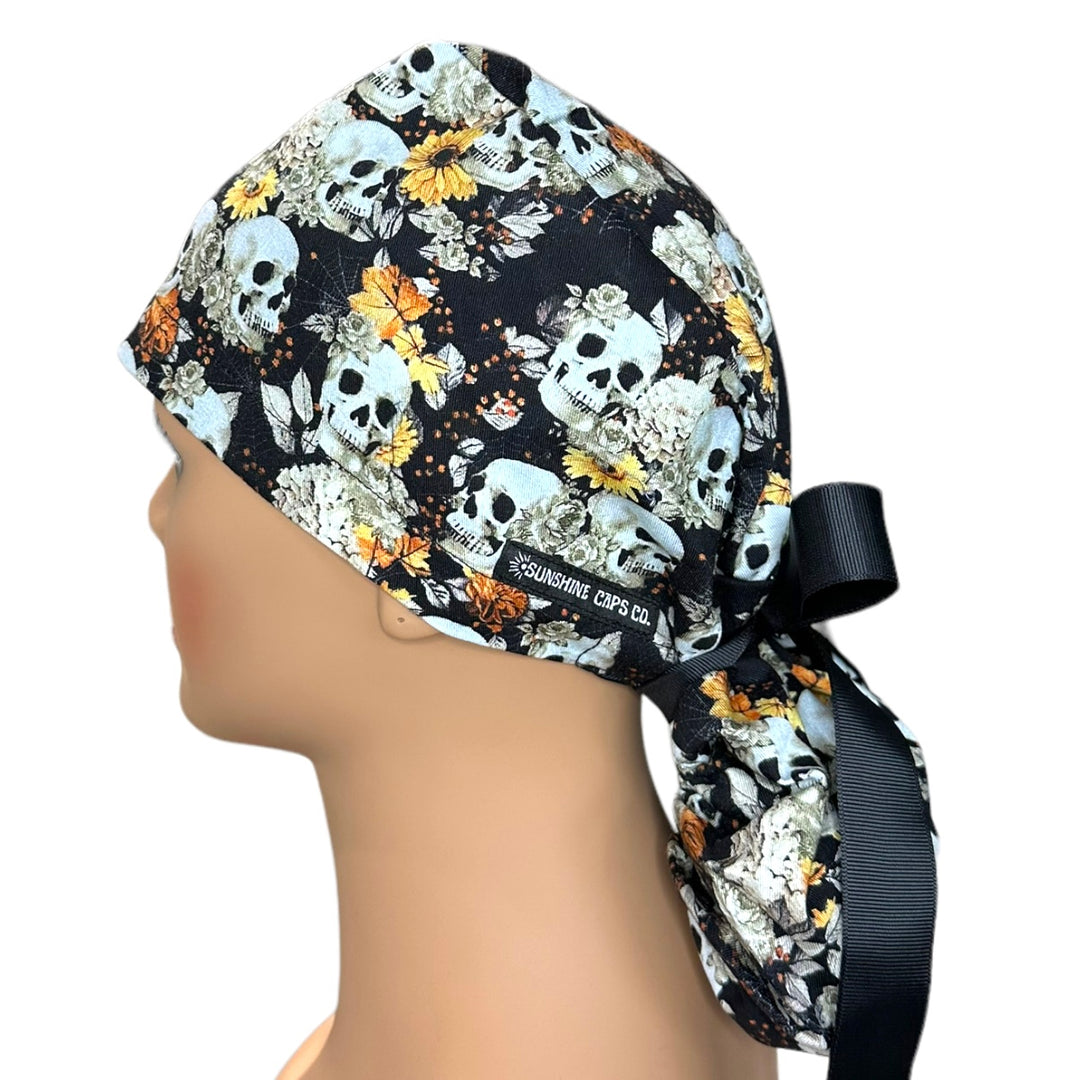 Autumn Skulls Halloween Ponytail Scrub Cap for Women, By Sunshine Caps Co.