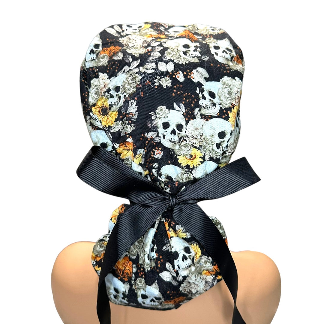 Autumn Skulls Halloween Ponytail Scrub Cap for Women, By Sunshine Caps Co.