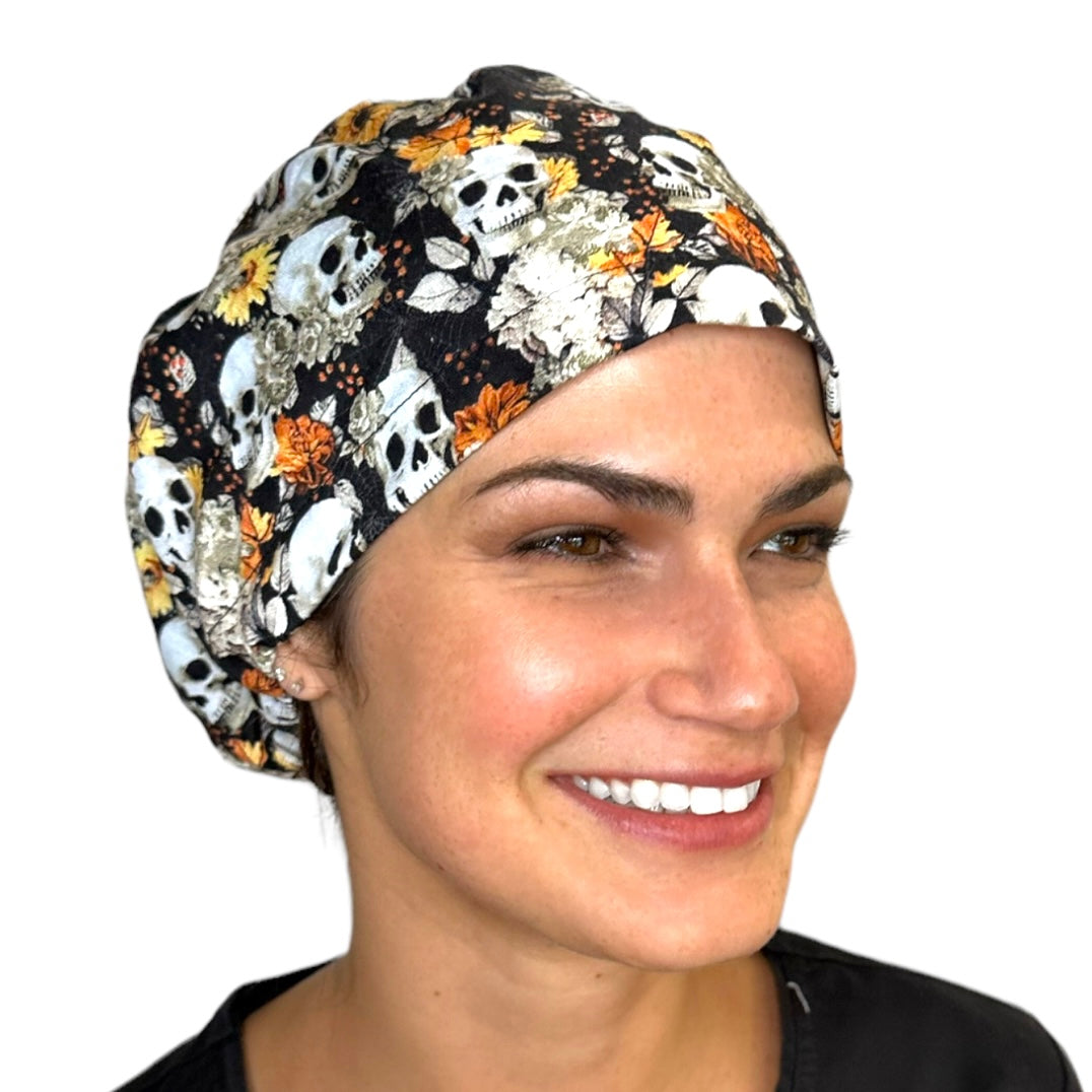 Autumn Skulls Halloween Euro Scrub Cap for Women, by Sunshine Caps Co