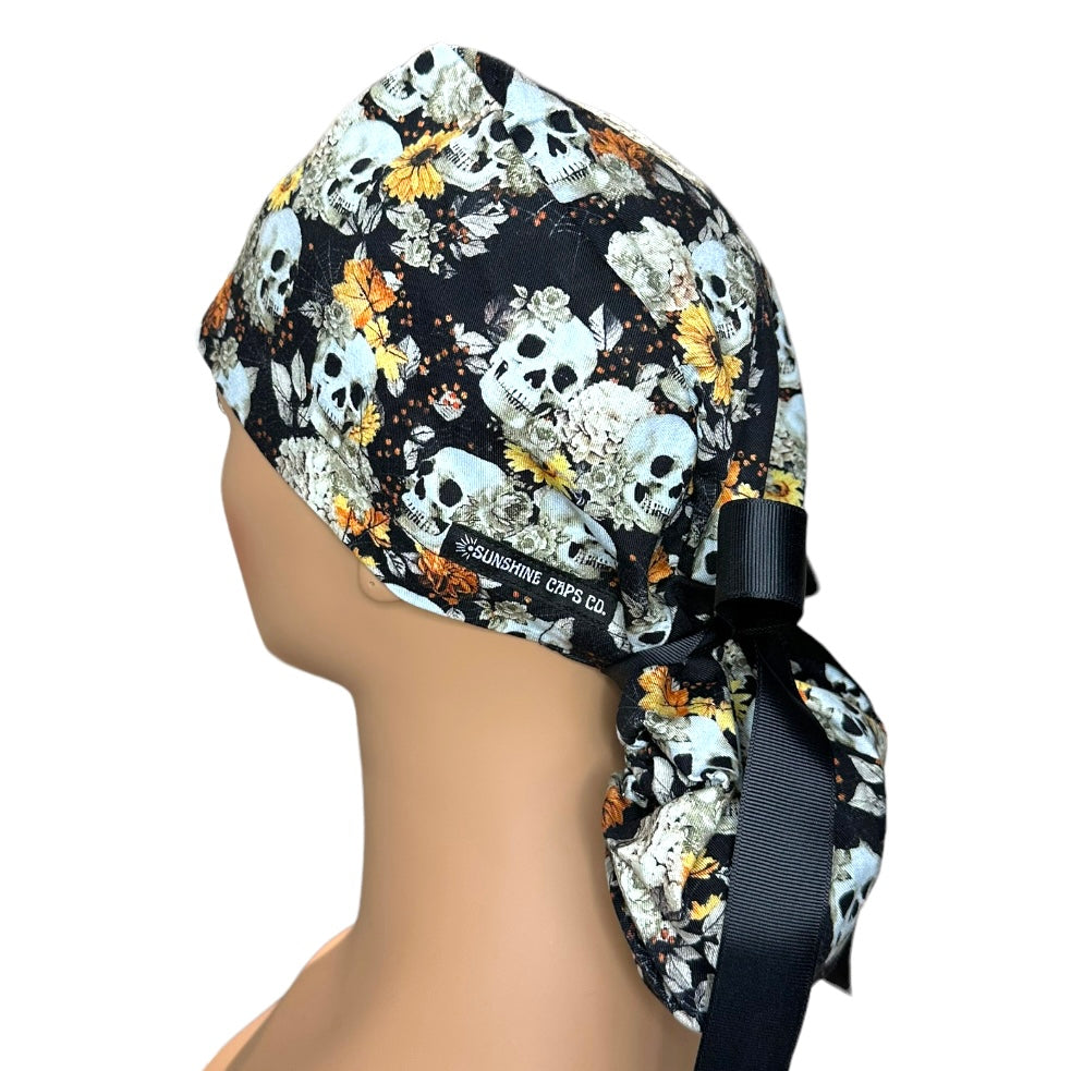 Autumn Skulls Halloween Ponytail Scrub Cap for Women, By Sunshine Caps Co.