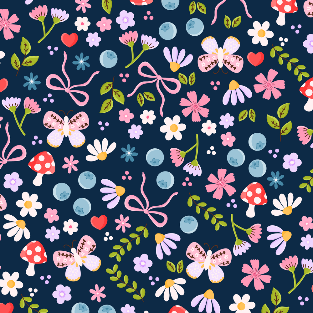 Colorful floral and butterfly pattern on a dark blue background