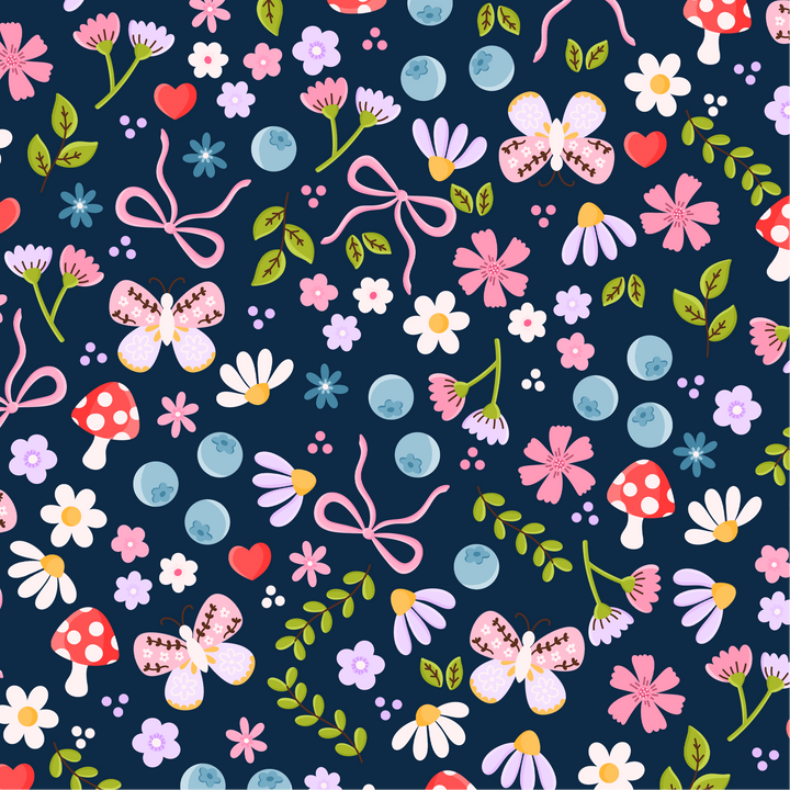 Colorful floral and butterfly pattern on a dark blue background
