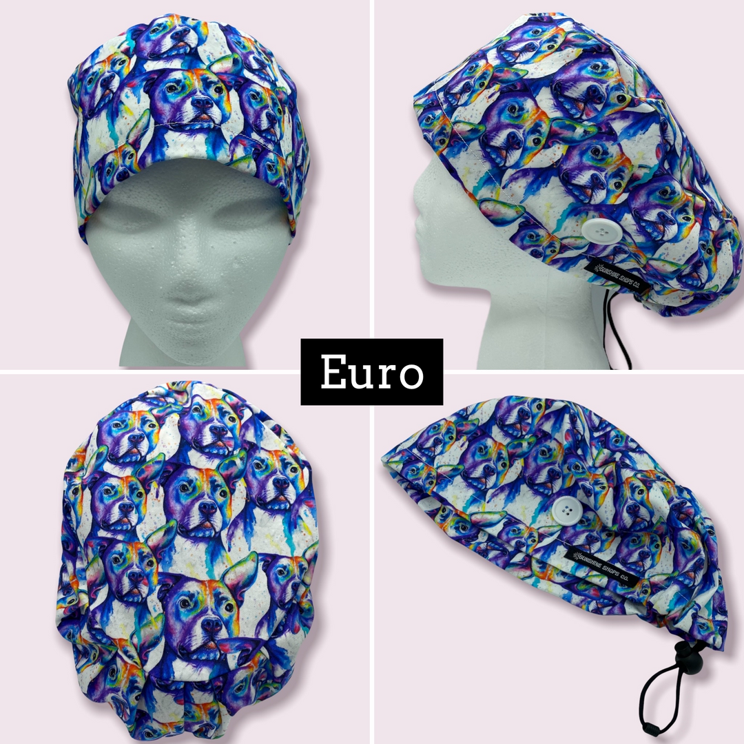 pit bull dog watercolor euro surgical scrub cap