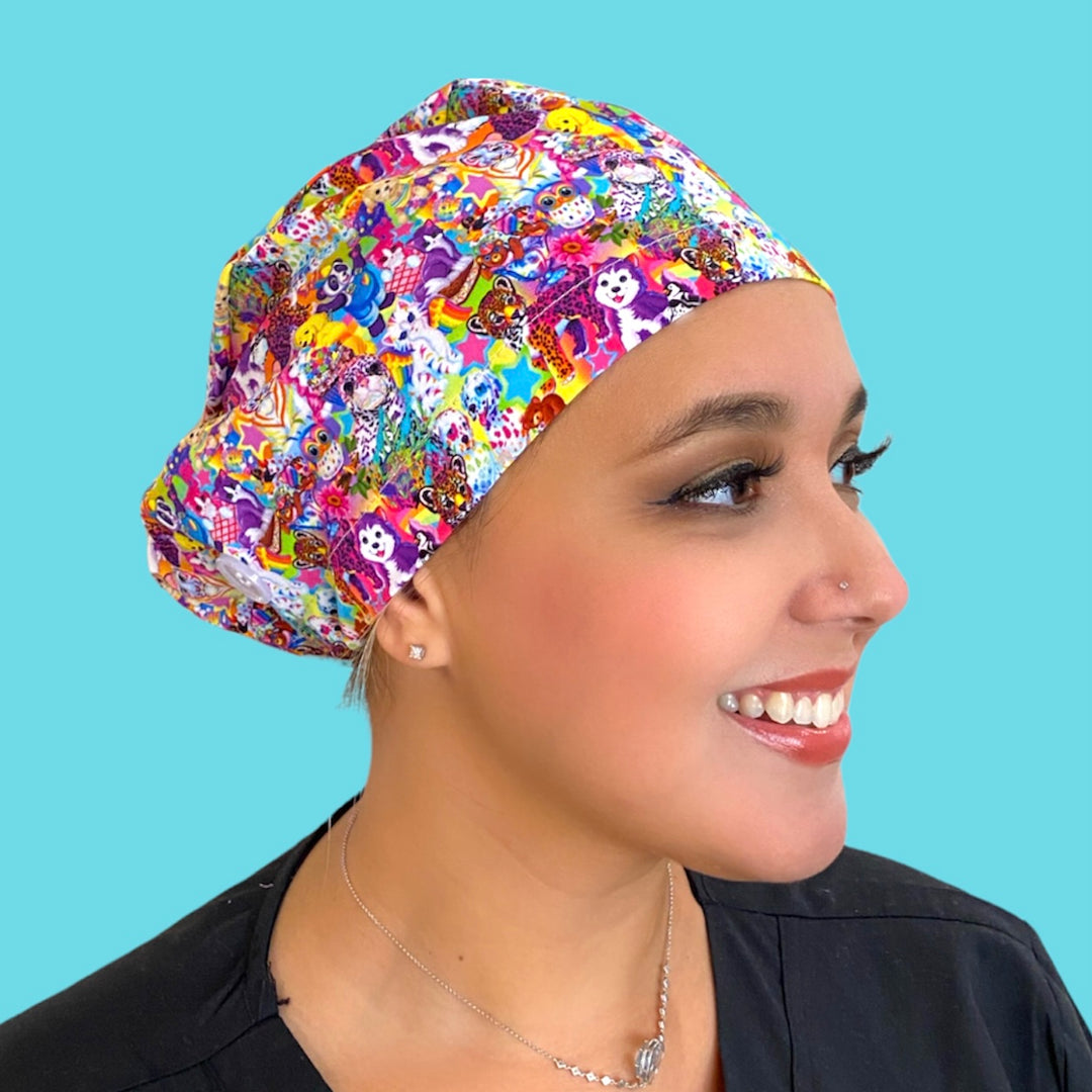 euro 90s lisa frank surgical scrub cap by sunshine caps co. with buttons and satin lining
