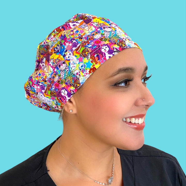 euro 90s lisa frank surgical scrub cap by sunshine caps co. with buttons and satin lining