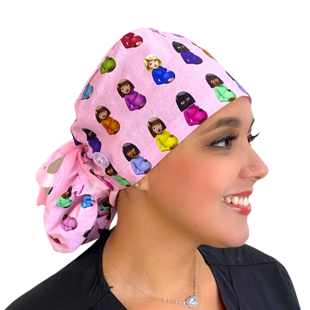 maternity pregnant emoji on Ponytail Scrub Cap for Women, By Sunshine Caps Co.