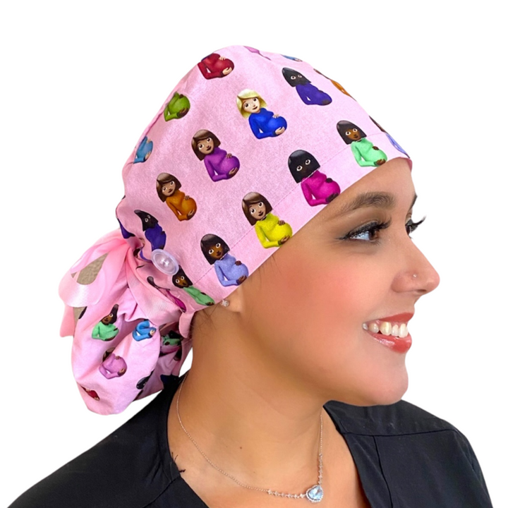 maternity pregnant emoji on Ponytail Scrub Cap for Women, By Sunshine Caps Co.