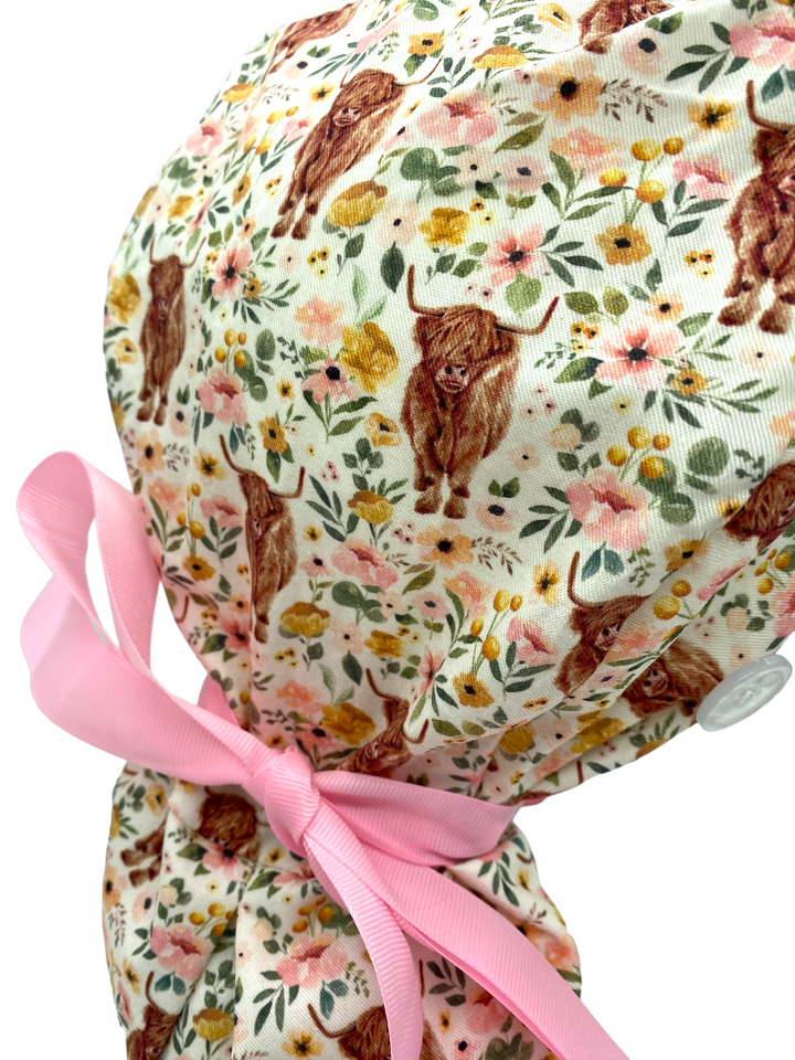 Highland cow Ponytail Scrub Cap for Women, By Sunshine Caps Co.