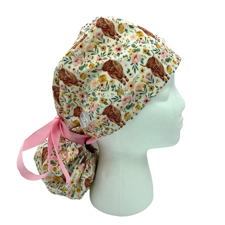 Highland cow Ponytail Scrub Cap for Women, By Sunshine Caps Co.
