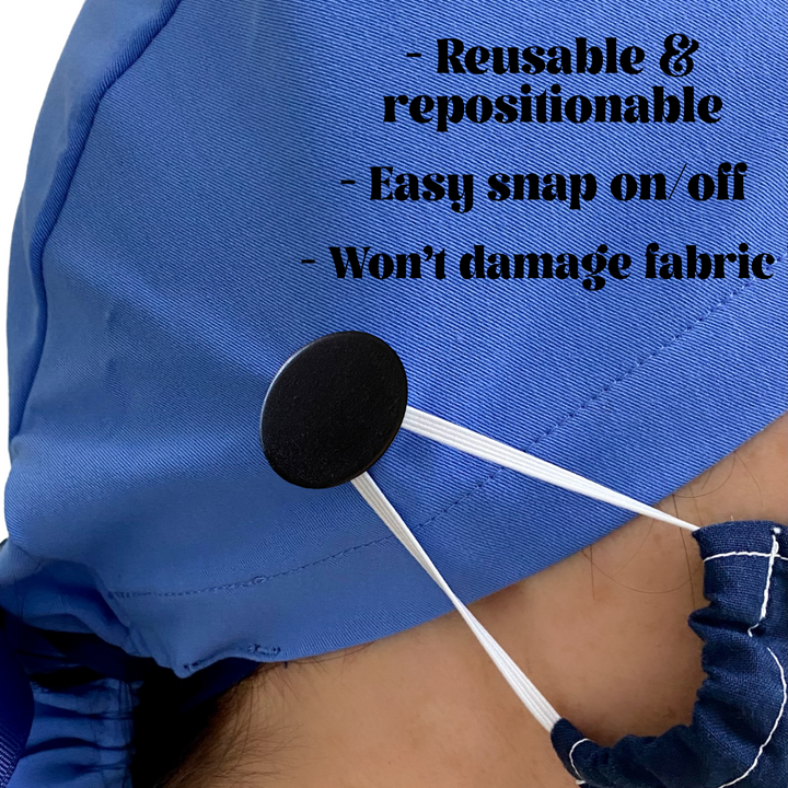 snap buttons for ear relief on scrub caps- black