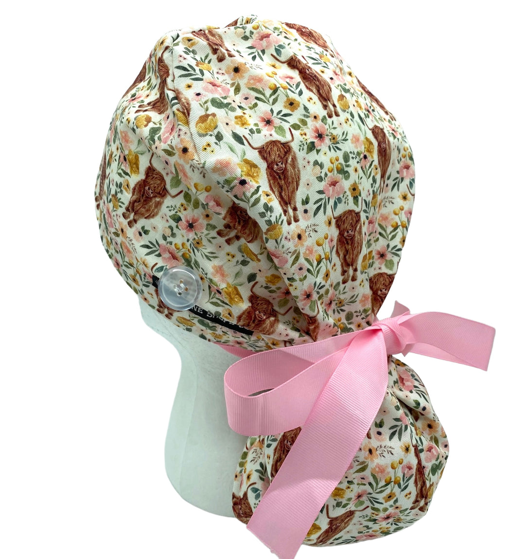 Highland cow Ponytail Scrub Cap for Women, By Sunshine Caps Co.