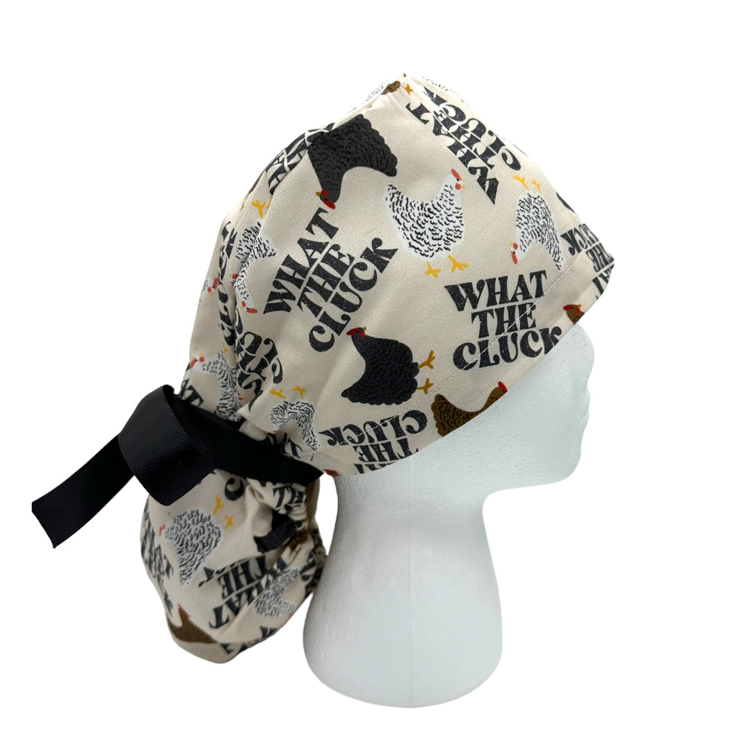 what the cluck Ponytail Scrub Cap for Women, By Sunshine Caps Co.