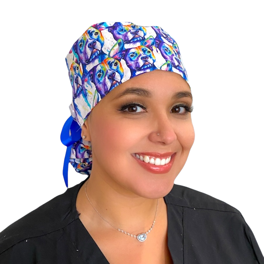 pit bull dog Ponytail Scrub Cap for Women, By Sunshine Caps Co.