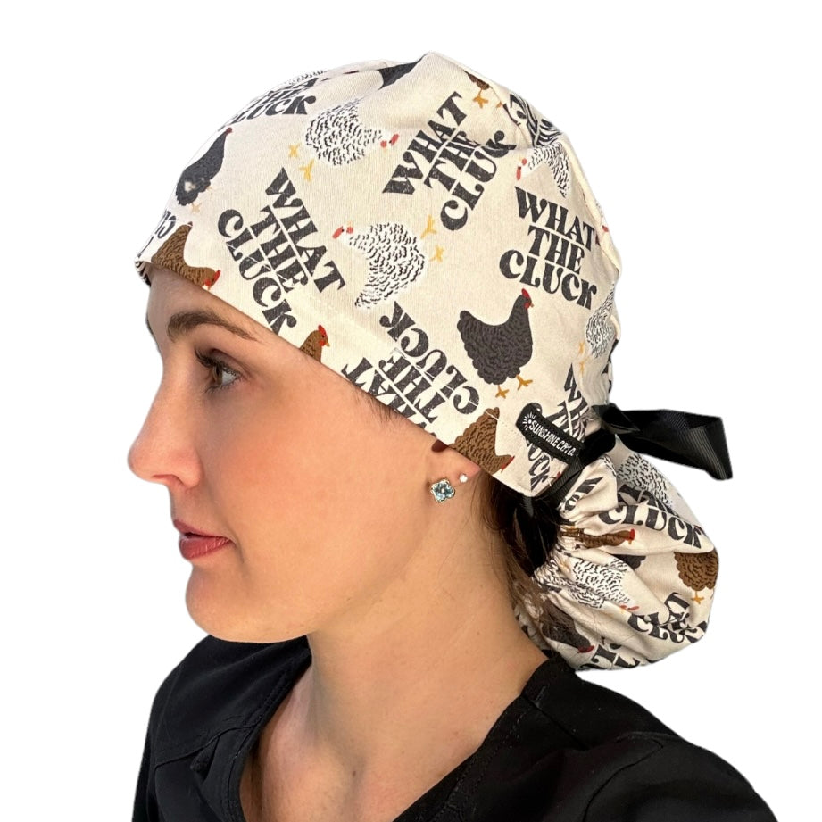 what the cluck Ponytail Scrub Cap for Women, By Sunshine Caps Co.