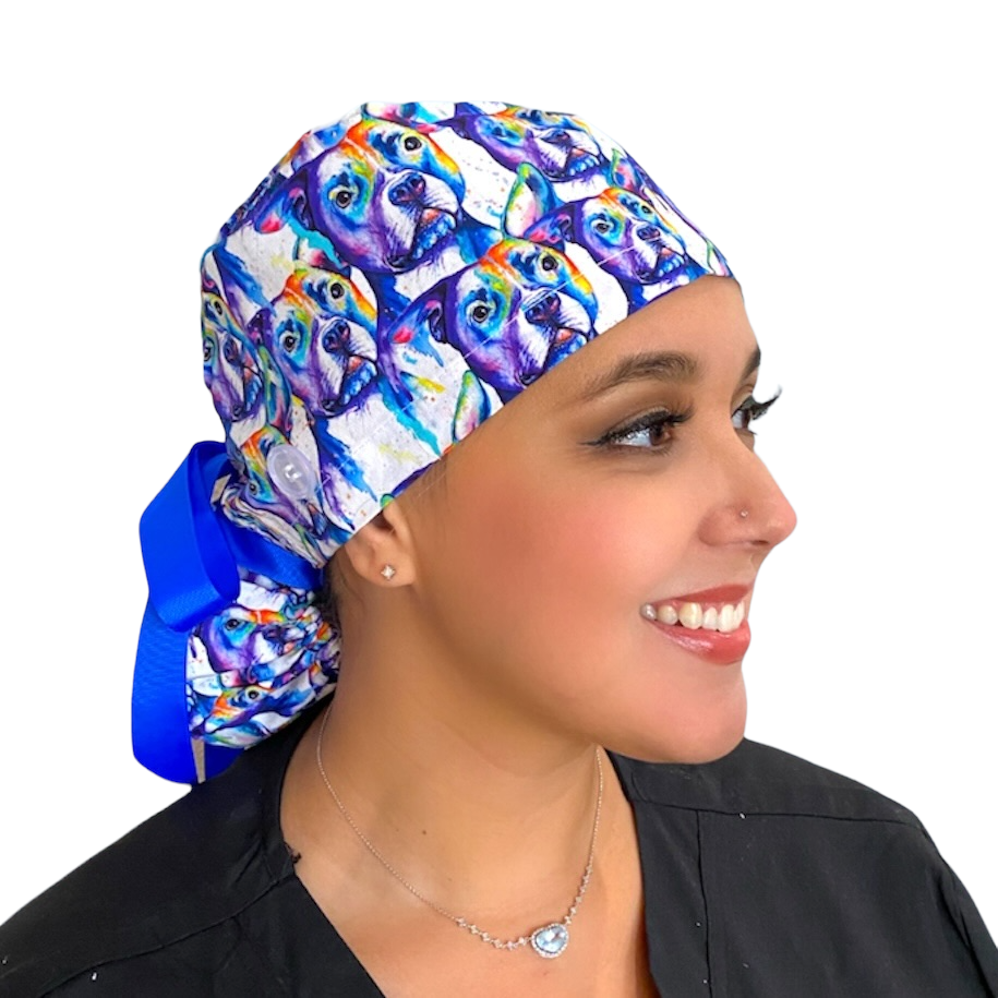 pit bull dog Ponytail Scrub Cap for Women, By Sunshine Caps Co.
