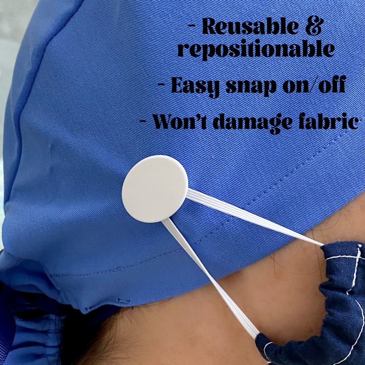 snap buttons for ear relief on scrub caps- white