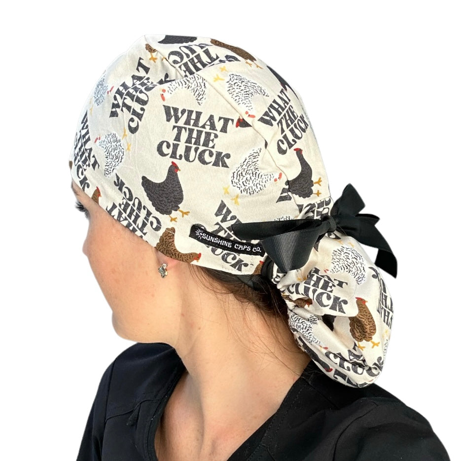 what the cluck Ponytail Scrub Cap for Women, By Sunshine Caps Co.
