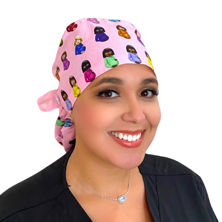 maternity pregnant emoji on Ponytail Scrub Cap for Women, By Sunshine Caps Co.